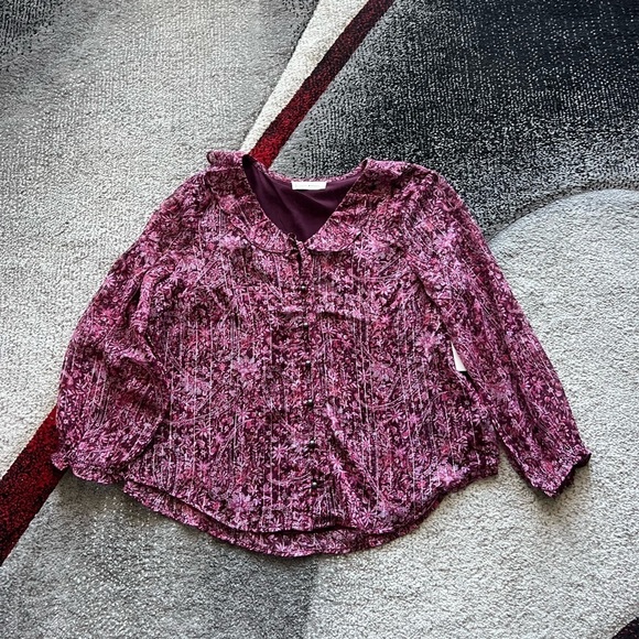 Lucky Brand Purple Metallic Blend Floral Long Sleeve Blouse - Picture 1 of 5